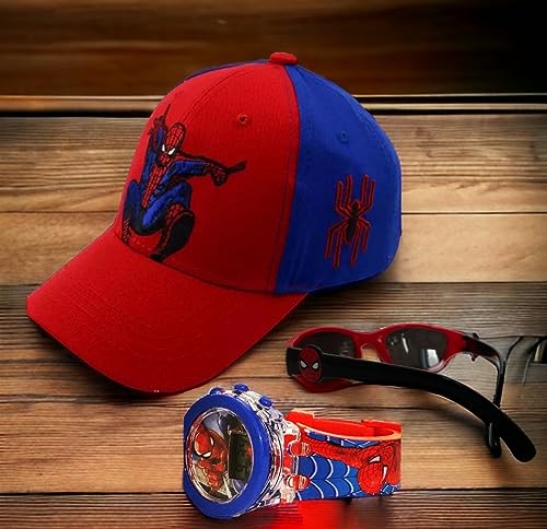 Giftplay! Kids Boys Superhero Baseball Cap Hat & Flash Light Luminous Digital Quartz Watch Time & Polarized Sport Sunglasses Theme: Spiderman Acccesories Gift Set 3 Pcs Red And Blue #TOP7