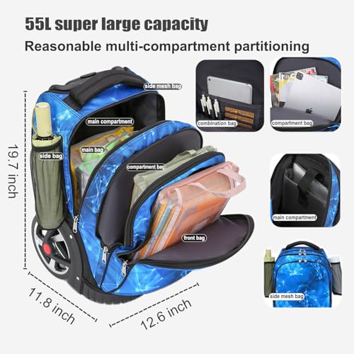 Rolling Backpack, 55L (14.5gal) Backpack with Wheels for Business, Waterproof Backpacks with Dual Handles and Silent Large Wheels, Carry on Backpack with Laptop Compartment (Black,22 inch) - Image 4