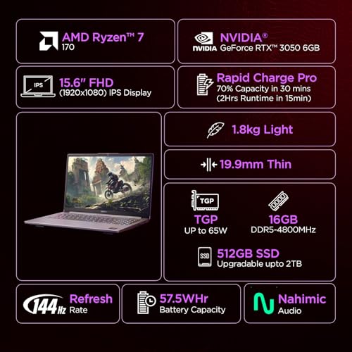 Image of Lenovo LOQ Essential AMD Ryzen 7 170 | NVIDIA RTX 3050 6GB (16GB RAM /512GB SSD /144Hz Refresh Rate /15.6 inch (39.6cm) /Windows 11 /Office Home 2024 /3 Mon. Game Pass /Grey /1.8Kg), 83S000CRIN Gaming Laptop