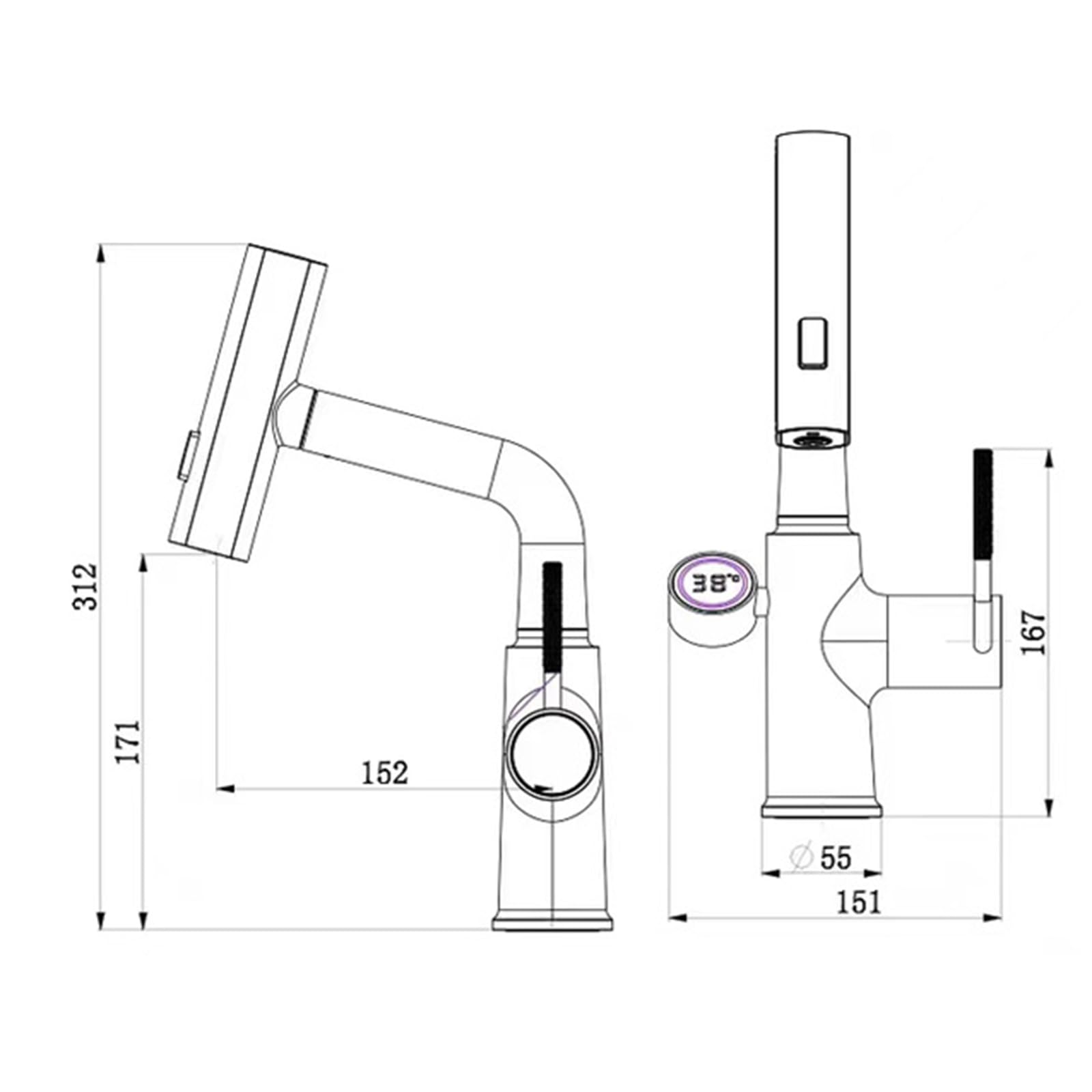Generico Rubinetto da Bagno Miscelatore da Cucina con Doccetta Estraibile Cascata Miscelatore Monocomando per Lavabo con Display Digitale Girevole 360° Grigio Canna di Fucile