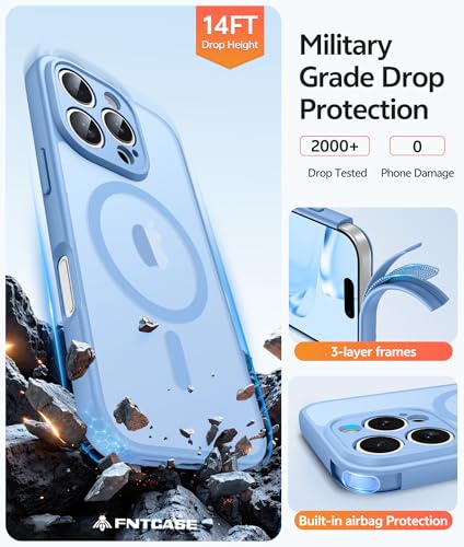 Image of FNTCASE for iPhone 16 Pro Case: [Compatible with Magsafe] Translucent Matte Cases with [Full Camera Protection] [Screen Protector] Military Grade Shockproof Protective Phone Cover - Light Blue