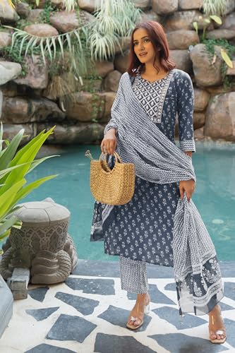 Image of MIRCHI FASHION Pure Cotton Women Straight Batik Print & Mirror Work Kurti Set with Dupatta and Pant