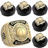Remuuly 6 Pcs Basketball Championship Rings Basketball Champion Trophy Rings Award Gift Prize with Display Neck Chain and Stand for Tournament or Champion Winner(Gold)