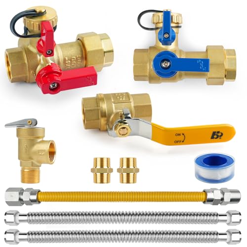 3/4 Inch Tankless Water Heater Valve Kit with Pressure Relief Valve and Ball Valve Clean Brass & NPT Thread