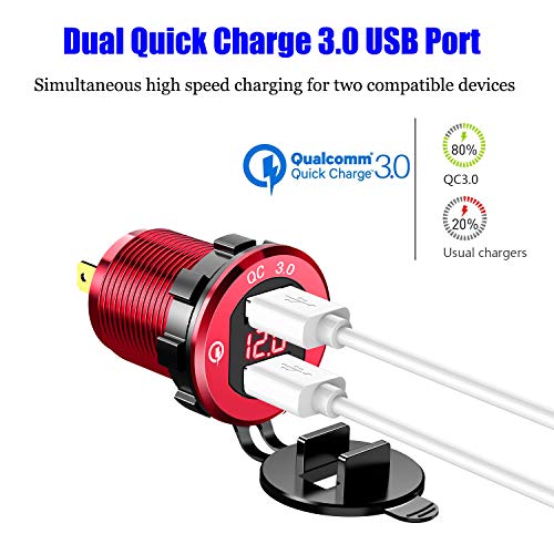YONHAN Quick Charge 3.0 Dual USB Charger Socket, Waterproof Power Outlet Fast Charge with LED Voltmeter & Wire Fuse DIY Kit for 12V/24V Car Boat Marine ATV Bus Truck and More - Red - Thumbnail 2