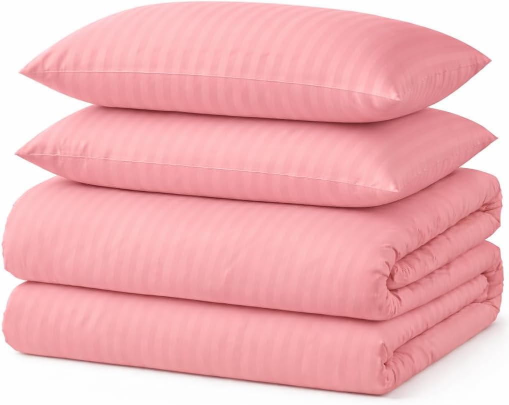 Duvet Cover Set Stripe Microfibre Soft Bedding Set (Blush Pink, King)