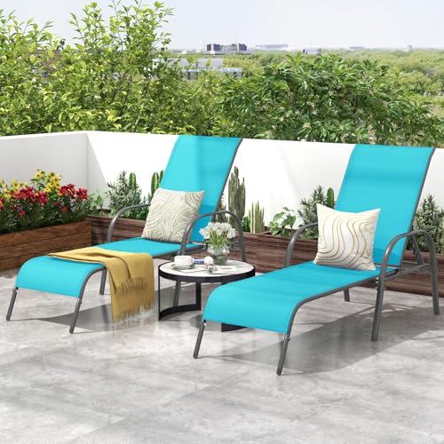 Image of Giantex 2 Pack Patio Lounge Chair, Outdoor Chaise Lounge with 5 Adjustable Backrest, Sturdy Steel Frame, Sunbathing Recliner, Tanning Chair for Beach, Outside, Yard, Balcony, Pool Chairs (2,Turquoise)