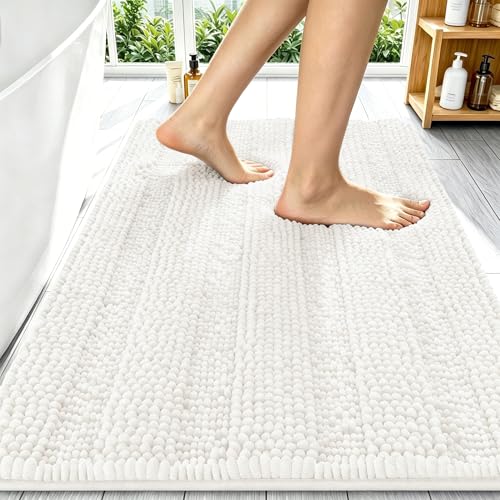 Image of Smiry Thick Chenille Bathroom Rugs 34x21, Extra Soft Absorbent Striped Bath Mat, Machine Washable, Rubber Backing, Bath Rugs for Bathroom, Tub & Shower, Modern Home Decor Accessories, Ivory