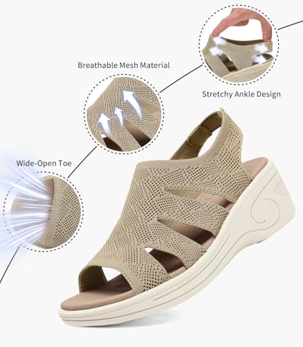 Image of Womens Wedge Sandals Platform Walking Sandals Open Toe Ankle Elastic Strap Casual Comfortable Summer Dressy