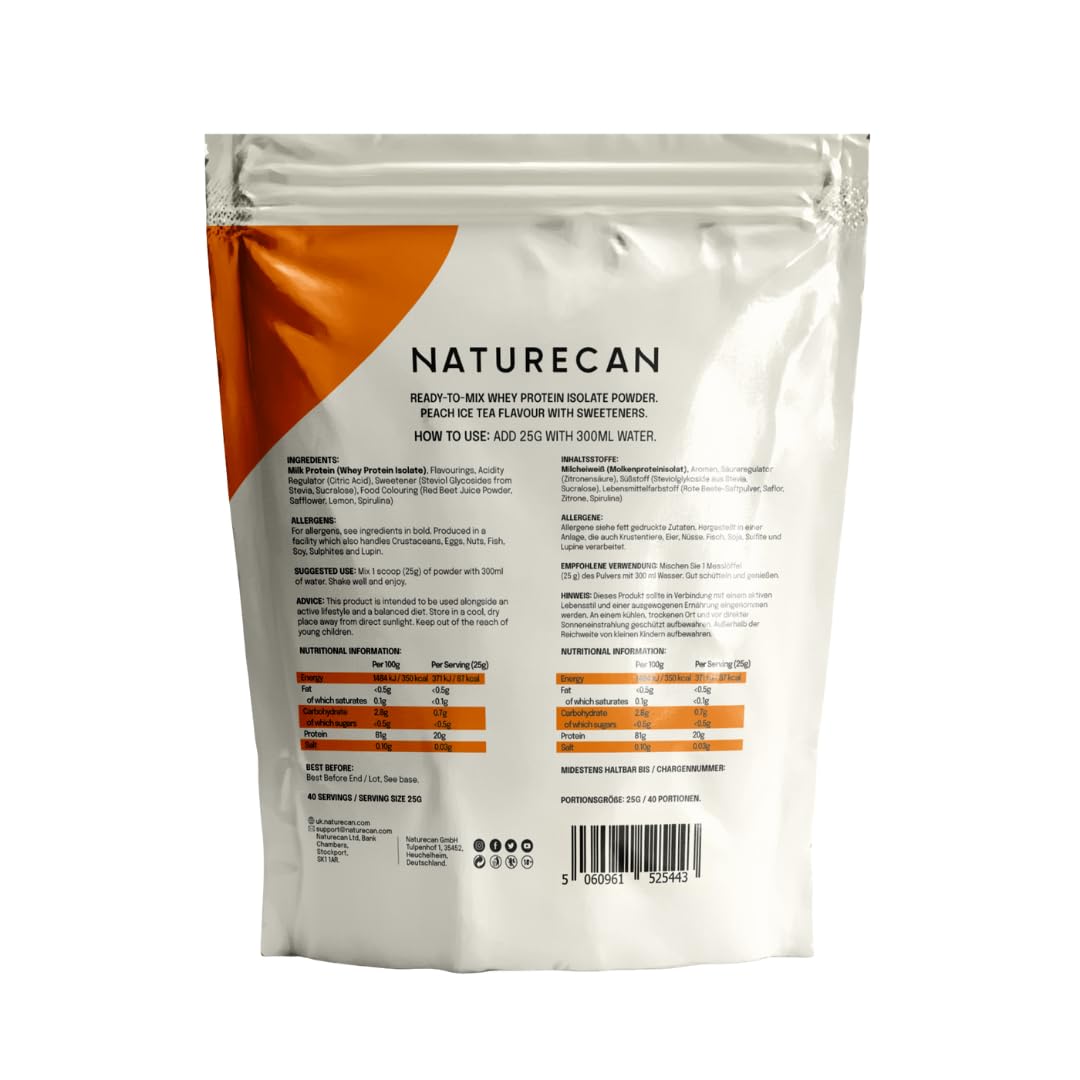 Naturecan Protéines de Lactosérum Claires – Saveur Pêche Thé Glacé – 20 g de protéines par portion – Sans sucre – 40 portions – 1 kg.