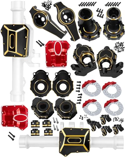 RCHuiWow RC Upgrades Part for 1/10 TRX4,Brass Front & Rear Portal Axles/Diff Covers/Caster Blocks C Hub Carrier,Inner & Outer Portal Cover Housing,Axle Mount,Hex Hub w/Red Diff Covers,Silver