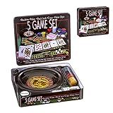 ruleta, 2 alfombrillas reversible de fieltro, 100 fichas en blanco, dos bolas de acero, un barajas de naipes y un rastrillo crupier