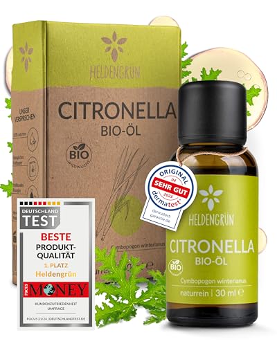 Heldengrün BIO Citronellaöl [100% NATURREIN] Dermatologisch getestet - Echtes Citronella Öl - Zitronig erfrischend & frisch - Duftöl Mücken - Citronella Oil