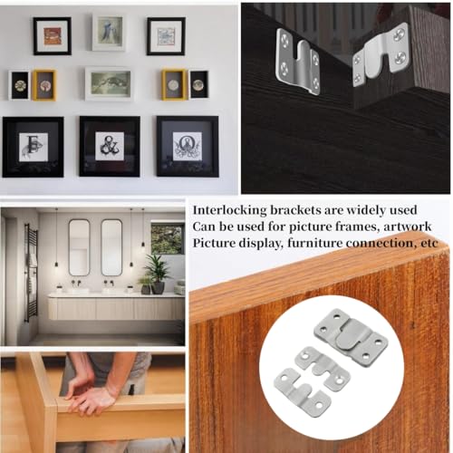 Image of Interlocking Flush Mount Bracket Picture Hanging Hooks Stainless Steel Heavy Duty Photo Frame Hook Large Picture Hanger Buckle Furniture Connector Headboard Wall Mounting Hardware（Silver8 Pairs）