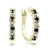 Yellow Gold Flash Sterling Silver Created Black Ebony Sapphire Small Round Hoop Earrings for Women