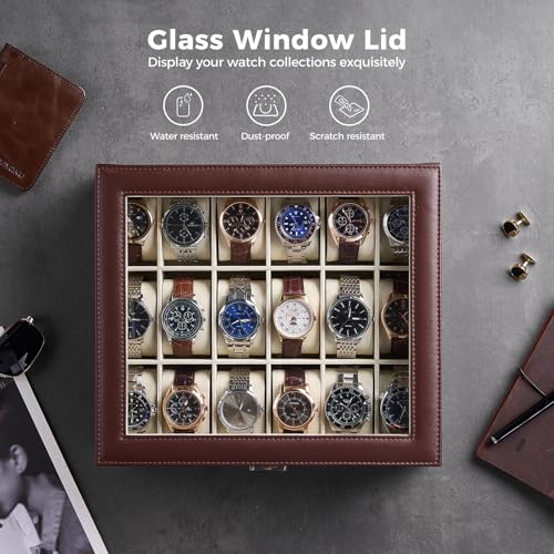 Image of ProCase Watch Box Organizer, 18 Slot Watch Display Case, Espresso&Beige | Watches Storage Boxes Holder for Men Women, Large Glass Lid, Removable Pillows, Anniversary Christmas Birthday Gifts