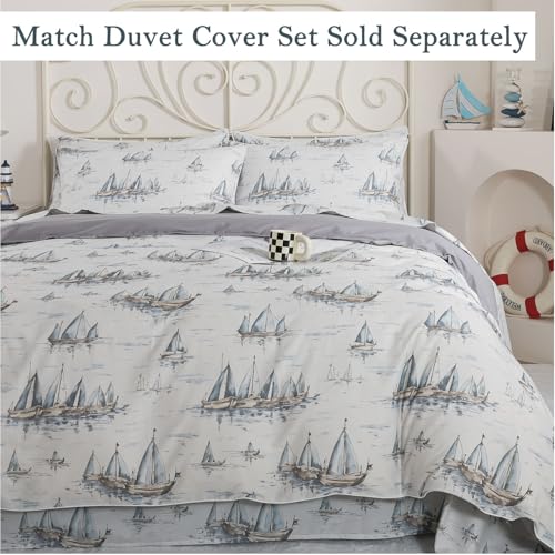 Image of FADFAY Premium 100% Cotton Sheet Set Twin - Coastal Nautical Sailboat Bedding, Soft Gray Seaside Harbor Print, Soft Breathable Cooling Bed Sheets, Deep Pocket Luxury Coastal Bedding 4 Piece