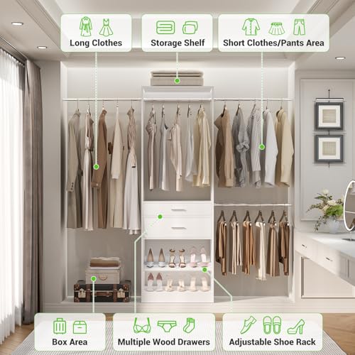 Unikito-8FT-Closet-System-with-2-Wood-Drawers-and-Adjustable-Shoes-Rack-Closet-Organizer-System-with-3-Hanging-Rods-96-Walk-in-Closet-Wardrobe-Garment-Rack-96-W-x-15-D-x-80-H-White Unikito 8FT Closet System with 2 Wood Drawers and Adjustable Shoes Rack Closet Organizer System with 3 Hanging Rods 96 Walk in Closet Wardrobe Garment Rack 96 W x 15 D x 80 H White
