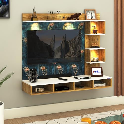 Image of Anikaa Kirina Engineered Wood Wall-Mount TV Unit with Printed PVC Back Panel & LED Lights | TV Cabinet with Storage Box & Decorative Shelves (Giantwood /White) for TVs up to 40 Inch | DIY Installation