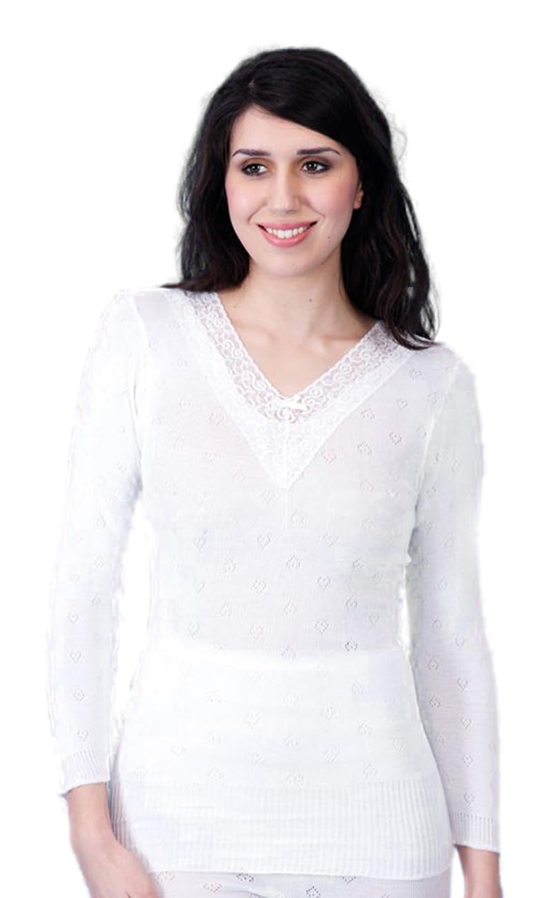 Tesmark Women's White Lace Long Sleeve Spencer Plain & Lace Thermal Underwear Tops, Warm White And Black Sleepwear & Thermal Underwear For Uk Size 8-28 (Uk, Alpha, Xl, Regular, Regular, )