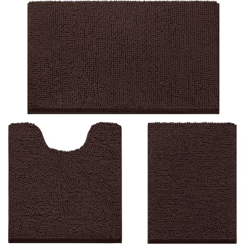 HOMEIDEAS 3 Pieces Bathroom Rugs Ultra Soft Non Slip Absorbent Chenille Toilet Bath Mat Set (Brown)