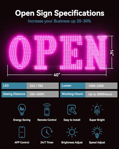 Image of Open Sign for Business, 30 inchx10 inch Jumbo Open Sign with Timer and Remote Control, Dynamic Light Modes Led Signs for Storefront Window Bar Salon Cafes Retail Shops Pink
