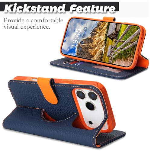 Image of Detachable Genuine Leather Case for iPhone 17 Pro Max Wallet Case Magnetic 2in1 Removable Flip Cover Book Purse Compatible with Magsafe Charging Kickstand Card Holder-Navy Blue+Orange