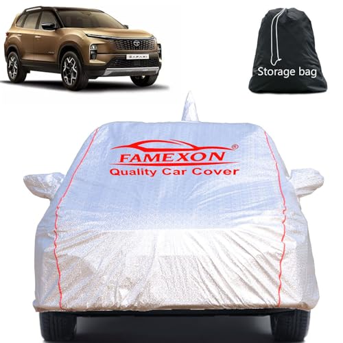 Image of Full Body Car Cover for Tata Safari with Mirror and Antena Pocket Triple Stiched(Silver with Red Piping)