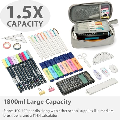 Image of SPACEMATE Pencil Case Pouch Box Bag School Supplies Girls Boys Kids, Cute Preppy Stuff Large Big Capacity Aesthetic Pen Organizer, Back to College Stationary, Gray, Classic Stlye, 1800ml