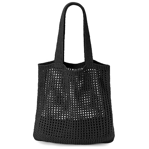 KPX Crochet Tote Bag, Beach Mesh Knitted Bag Large Aesthetic Shoulder Bag Handbags Hollow Hobo Bag for Women Summer W-black