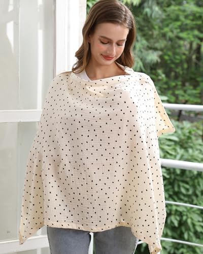 Image of Nursing Cover for Baby Breastfeeding with Rigid Hoop, Breathable Soft 100% Muslin Cotton, Baby Breast Feeding & Pumping Apron (Beige Polka dots)