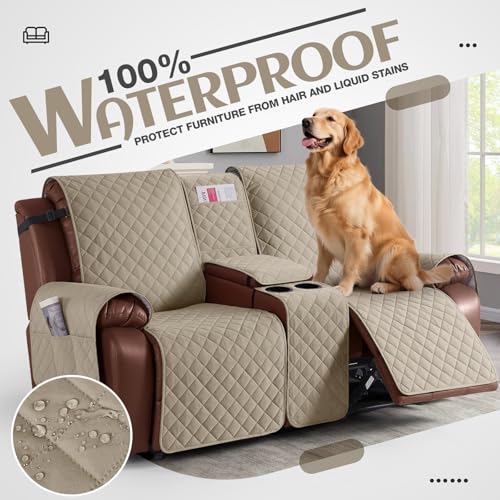 Image of KinCam 100% Waterproof Recliner Loveseat Cover with Console, Non-Slip Reclining Couch Covers for 2 Seat, Recliner Sofa Cover Furniture Protector with Elastic Straps for Kids, Pets, Khaki