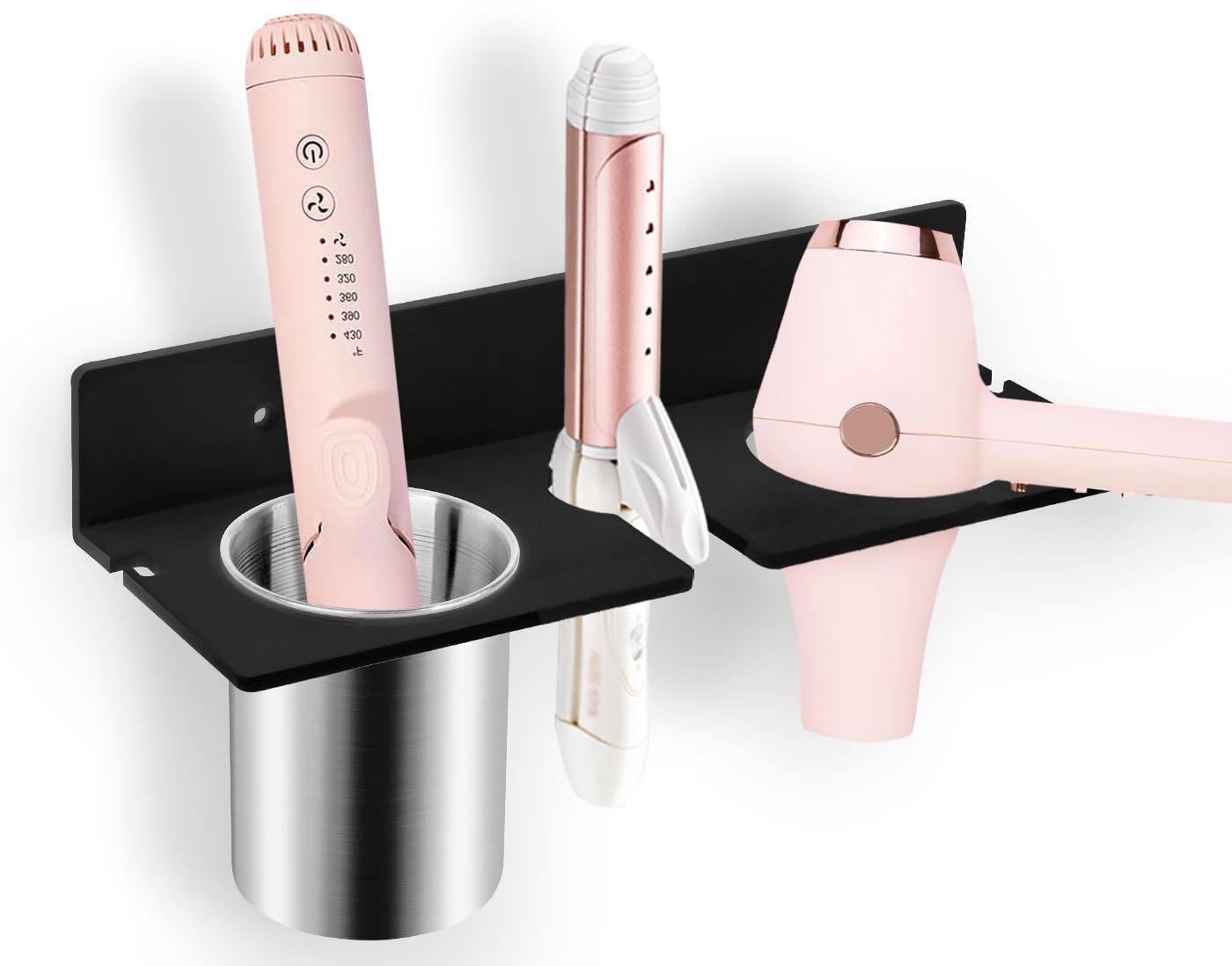 Soporte de pared para secador de pelo, organizador de herramientas para el cabello con vasos de acero resistentes al calor, soporte acrílico para secador de pelo, adhesivo o montaje de