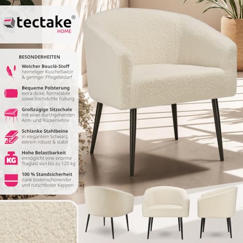 tectake® Lounge Sessel beige mit Polster, Wohnzimmer Möbel, Relaxsessel modern, skandi Loungesessel, Cocktailsessel Bouclé Plüsch Stoff, Armlehnstuhl mit Metallbeinen, Lesesessel Schlafzimmer – Bild 4