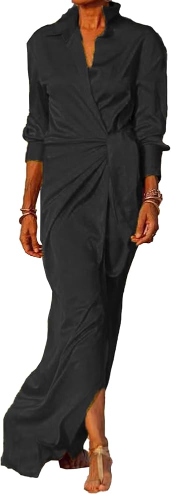 ECDAHICC Womens Satin Silky Long Sleeve Laple V Neck Lace Up High Waist Side Split Floor Length Wrap Maxi Shirts Dress