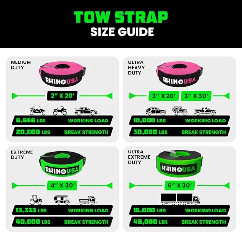 Image of Rhino USA Recovery Tow Strap (2 inch x 20') - 20,024lb Break Strength - Emergency Recovery Strap Tow Rope for UTV, ATV & More - Heavy Duty Towing Strap for Offroad 4x4 Use - Compatible with RZR and Can-Am