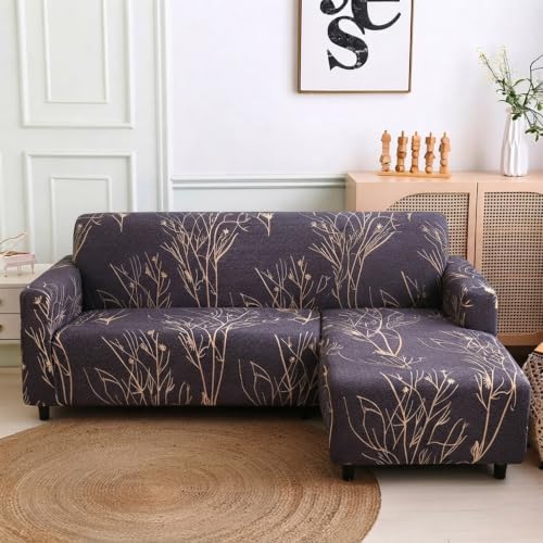 Image of House of Quir Universal Sectional Sofa Covers L - Shape Couch Slipcover 2pcs Stretch Elastic L-Type Chaise Sofa Couch Furniture Protector (Plumb Branch)