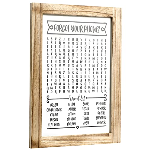 16" x 11" Rustic Bathroom Word Search Sign Wooden Framed Black Funny Hanging Wall Art Wordlist Farmhouse Decorative Sign for Bath room Decoration, Forgot Your Phone