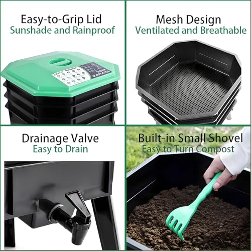 Kit de compostaje de gusanos – Contenedor de abono de jardín con bandejas extraíbles, ventilación de malla y grifo de base para un reciclaje eficiente de residuos al aire libre