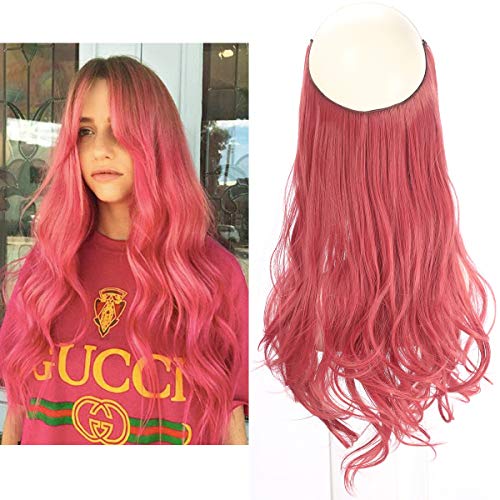 SARLA 14" 16" 18" 4.3oz Synthetic Wavy Halo Hair Extension Natural Hairpieces No Clip No Glue No Tape(18" wave,# hot pink)