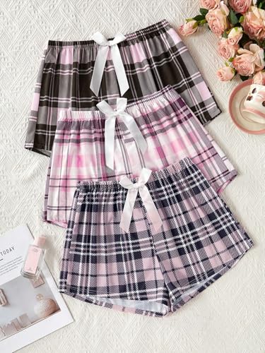 Image of WDIRARA Women's 3 Pack Plaid Letter Graphic Pajama Shorts Lounge Shorts | Elastic Waist ,Comfortable,Home Living,Sleepwear