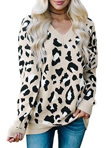 Karlywindow Womens Leopard Print Sweaters Long Sleeve V Neck Knitted Stylish Pullover Khaki
