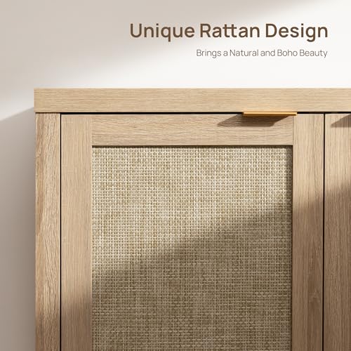 Image of SICOTAS Rattan Sideboard Buffet Cabinet with Large Storage : Boho Credenza Coffee Bar Cabinet with Adjustable Shelves, Farmhouse Console Table for Kitchen, Living Room, Entryway, Natural, 2 Pieces