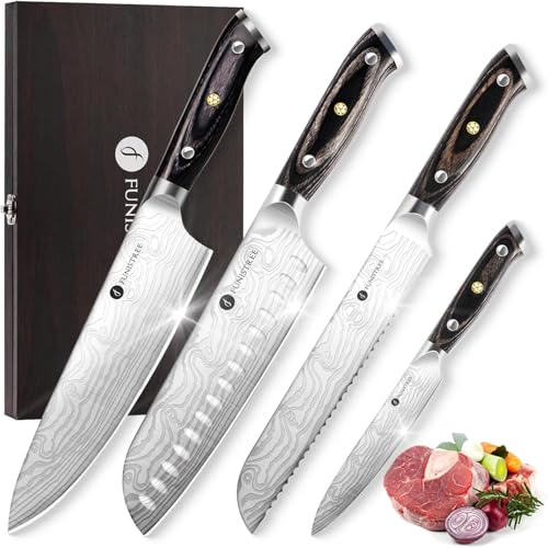 Comparison: Best Damascus Chef Knife Set 4 4 Pieces Professional Kitchen Knife Set, Damascus German Stainless Steel Chef Knife Set With Wooden Box, 8" Chef Knife, 5" Utility Knife, 8" Bread Knife, 7" Santoku Knife, Gift for Men Women Christmas