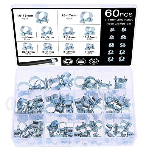 Faankiton 60PCS Hose Clamps Set, 7-18mm Zinc Plated Fuel Injection Hose Clamps Clips