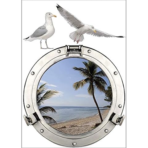 152909 Adhesive Window Decoration Beach Porthole [1 Sheet 48 x 48 cm], Vynil, Multicoloured, 48 x 68 cm Cover