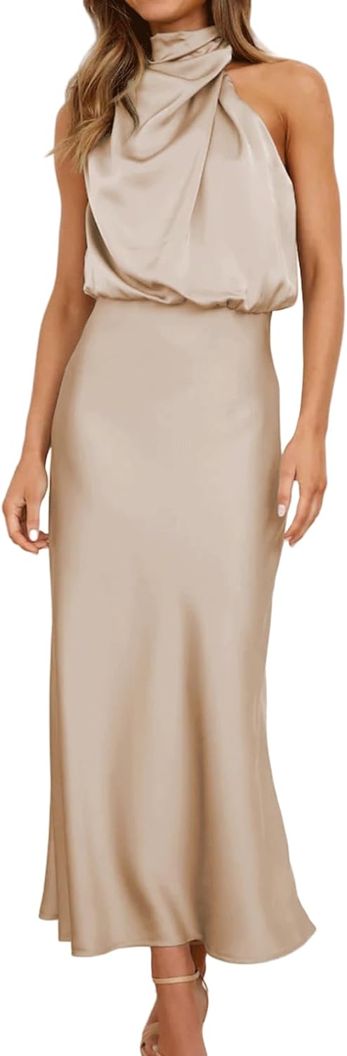 BZSFW Women's 2024 Summer Satin Dress Elegant Sleeveless Mock Neck Cocktail Party Maxi Dresses
