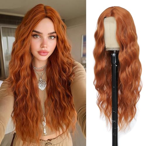 Angzon Copper Red Ginger Wig 26 Inch Long Wavy Wigs for Women - Auburn Wig Heat Resistant Synthetic Hair Middle Part Curly Wig Natural Look for Daily Party Cosplay Costume Use