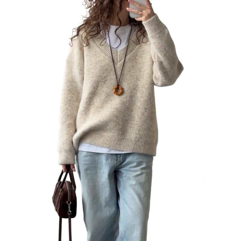 Womens Fall Oversized Sweaters Long Sleeve V Neck Dressy with Scarf Loose Pullover Tops Winter Clothing