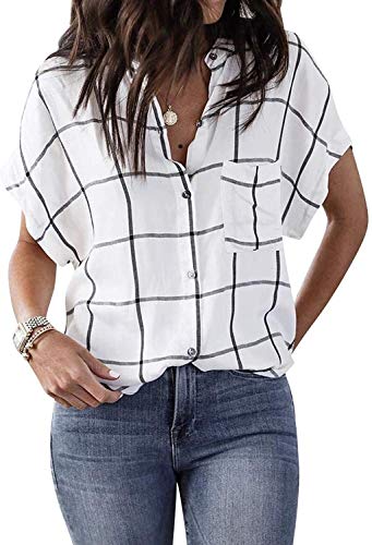 ZJP Women s Stand Collar Batwing Sleeve Button Up Plaid Blouse Casual Tee Tops…
